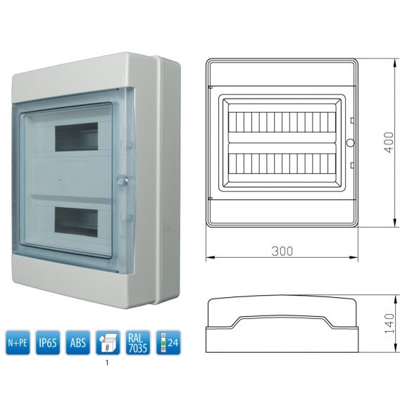 Vízmentes lakáselosztó, N+PE sínnel, 24 modul, IP65