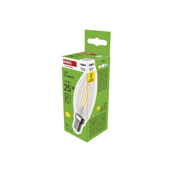 LED izzó Filament gyertya / E14 / 1,8 W (25 W) / 250 lm / Természetes fehér