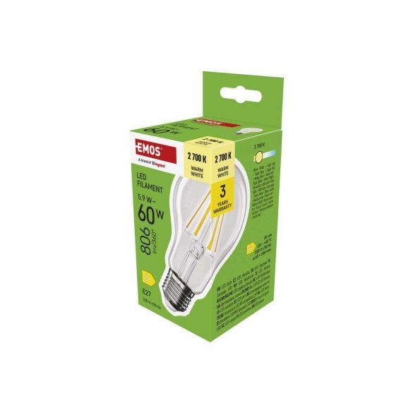 LED izzó Filament A60 / E27 / 5,9 W (60 W) / 806 lm / Meleg fehér