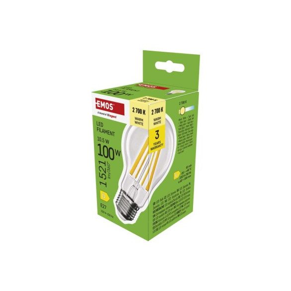 LED izzó Filament A60 / E27 / 10,5 W (100 W) / 1521 lm / Meleg fehér