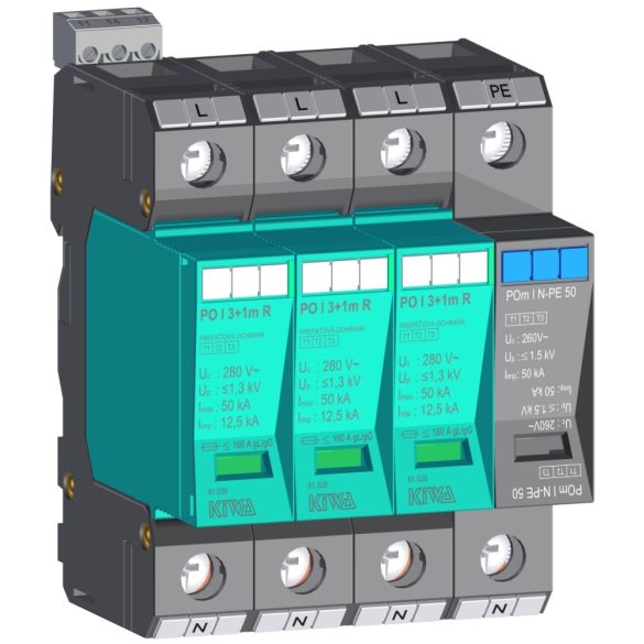 KIWA túlfeszültség levezető PO I 3+1m R 280V túlfeszültség levezető távjelzős 12,5kA T1+T2 (B+C) cikkszám:  81.028