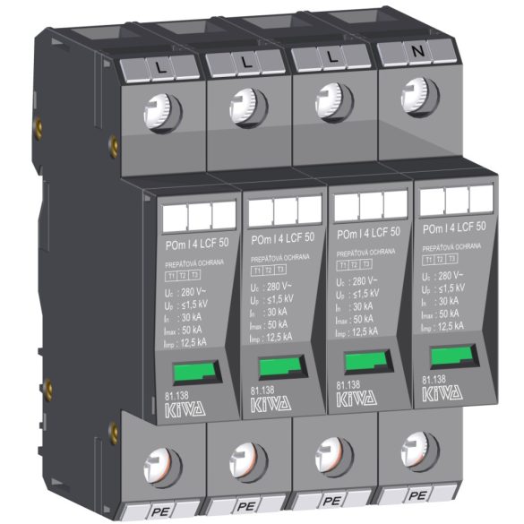 KIWA túlfeszültség levezető POm I 4 LCF 50  túlfeszültség levezető szikraköz+varisztor 12,5kA T1+T2 cikkszám:  81.138