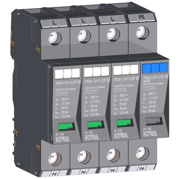 KIWA túlfeszültség levezető POm I 3+1 LCF 50 szikraköz+varisztor túlfeszültség levezető 12,5kA T1+T2 (B+C) cikkszám:  81.140