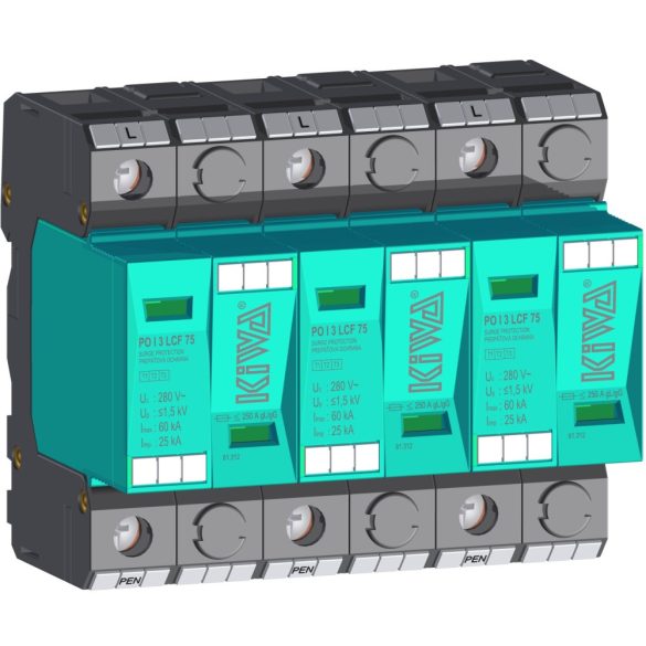KIWA túlfeszültség levezető PO I 3 LCF 75  túlfeszültség levezető szikraköz+varisztor 25kA T1+T2 (B+C) cikkszám:  81.312